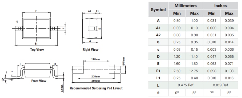 Mechanical Drawing - Littelfuse AQ27COM-01 Bidirectional TVS Diode